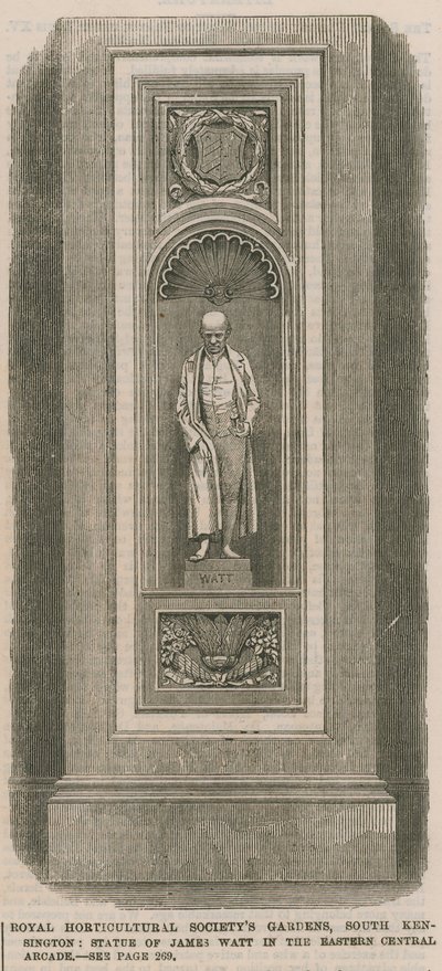 Gärten der Königlichen Gartenbaugesellschaft, South Kensington: Statue von James Watt in der östlichen zentralen Arkade von English School