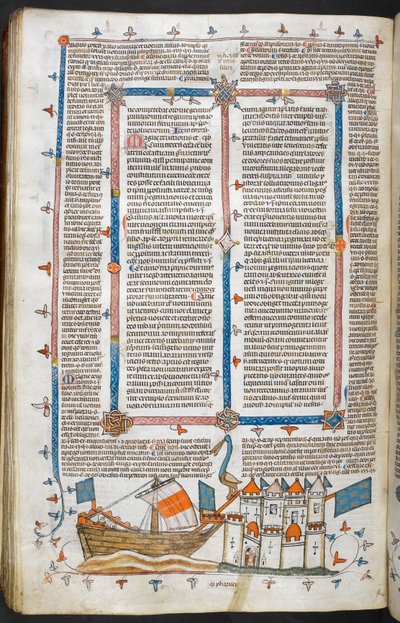 Royal MS 10 IV f.208v Naval angrep og marginaldekorasjon, illustrasjon fra 