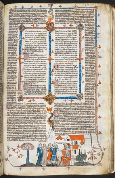Royal MS 10 IV f.240r Konge forsvarer sitt palass og marginale dekorasjon, illustrasjon fra 'Smithfield Decretals' (vellum) av English School