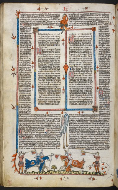 Royal MS 10 iv f.065v Knights Jousting med marginaldekor, illustrasjon fra 
