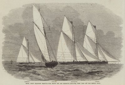 Royal Yacht Squadron Regatta, kampen om Hennes Majestets cup, den første tacken av Old Castle Point (gravering) av English School