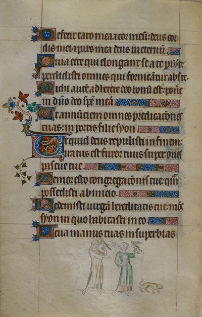 Royal ms 2_B VII f.177v Bas-de-page scene av to kvinner som bærer hauker, og en liten hund foran seg, med en bebodd initial, illustrasjon fra 