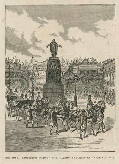 Kongelig prosesjon som passerer Guards Memorial i Waterloo Place av English School