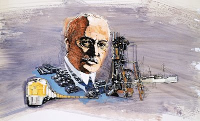 Rudolf Diesel mot bakgrunn av tog, båter og brygger av English School