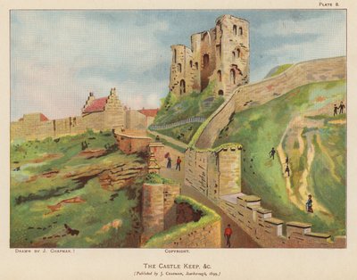 Ruiner av Scarborough Castle (fargelitografi) av English School