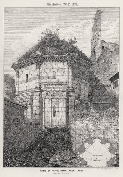 Ruinene av Notre Dame Alet, Aude (gravering) av English School
