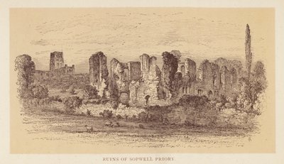 Ruinene av Sopwell Priory (fargelitografi) av English School