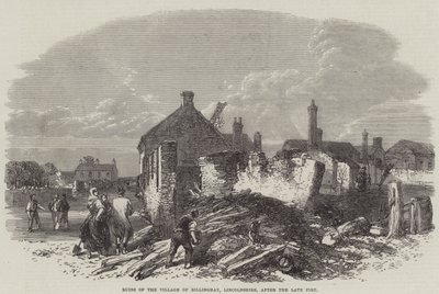 Ruinene av landsbyen Billinghay, Lincolnshire, etter den sene brannen (gravering) av English School