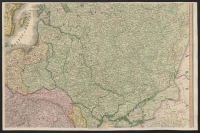 Russland, fra Europa, som beskriver alle endringene i territoriet, sammen med deres avvik i grenselinjene til dets flere imperier og stater som ble enige om og bekreftet av den definitive traktaten i Paris, 20. november 1815, publisert 1816 (farget graveri av English School