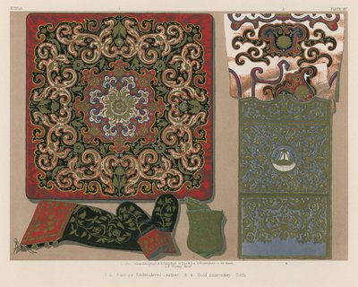 Russisk brodert lær, gullbroderi, Korfu (chromolitho) av English School