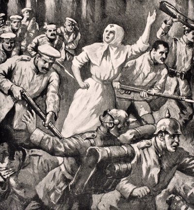 Den russiske sykepleieren Mira Miksailovitch Ivanoff leder menn mot tyskere, 1915, fra 