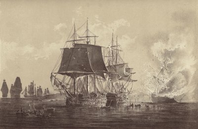 Russisk skip Vsevolod ødelagt i nærvær av den russiske flåten etter aksjonen med HMS Implacable, knyttet til den svenske marinen og kommandert av kaptein Thomas Byam Martin, i Baltikum, 26. august 1808 (litho) av English School