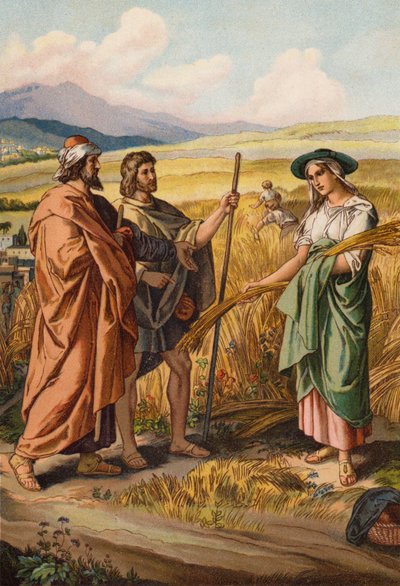 Ruth spør Boas om hun kan sanke i åkeren hans (chromolitho) av English School