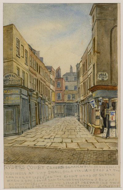 Ryders Court og hjørnet av Lisle Street, London (wc på papir) av English School