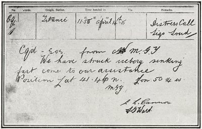 SOS-melding mottatt av den russiske damperen Birma omtrent fem minutter etter at Titanic traff et isfjell 15. april 1912, fra "The Sphere", 4. mai 1912 av English School