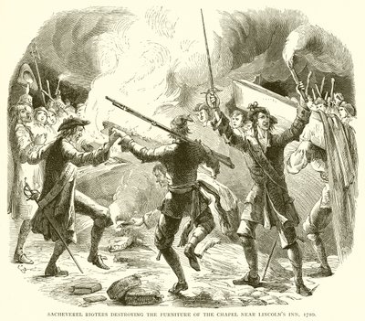 Sacheverel Rioters ødelegger møblene til kapellet nær Lincolns Inn, 1710 av English School