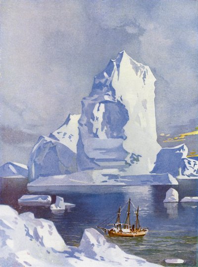 Seilskip foran et gigantisk isfjell (farge litho) av English School