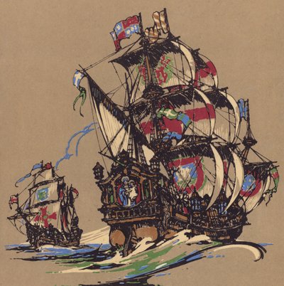 Seilskip (farge litho) av English School