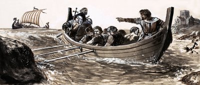 Saint Malo rømmer fra plyndrende vikinger (gouache på papir) av English School
