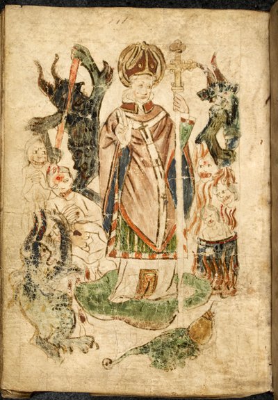 Saint Patrick, i biskopsdrakt, holder et krusifiks og gjør en velsignelsesgest, står på øya Lough Derg, Donegal (Irland), omgitt av demoner og plagede sjeler. Bilde tatt fra ""Purgatory of Saint Patrick"", engelsk manuskript, m av English School