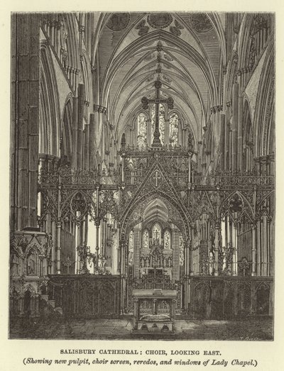 Salisbury Cathedral, kor, ser østover, viser ny prekestol, korskjerm, reredos og vinduer i Lady Chapel av English School