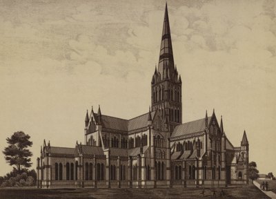 Salisbury Cathedral, fra nordøst (litho) av English School