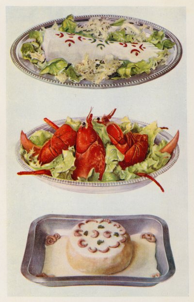 Laksemajones; Hummer salat; Fiskesufflé (farge litho) av English School