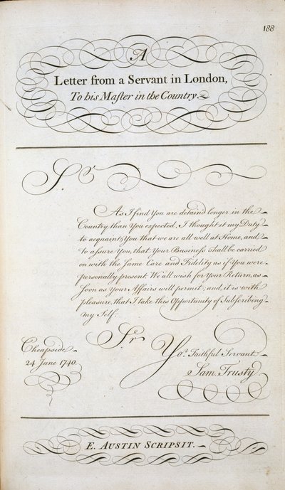 Eksempelbrev fra en mønsterbok med bokstaver, ca. 1740 av English School
