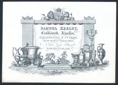 Samuel Keeley, gullsmed, gullsmed, sølvsmed og kutter, handelskort av English School