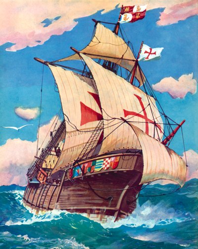 Santa Maria, Christopher Columbus (farge litho) av English School