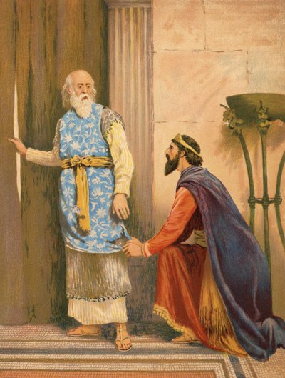Saul og Samuel, I Samuel, XV, 27 (farge litho) av English School