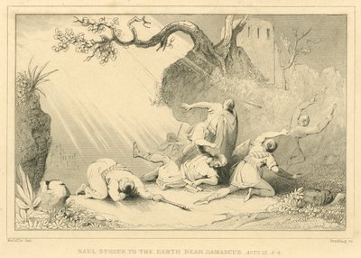 Saul slo til jorden nær Damaskus, Apostlenes gjerninger IX, 3-4 (gravering) av English School