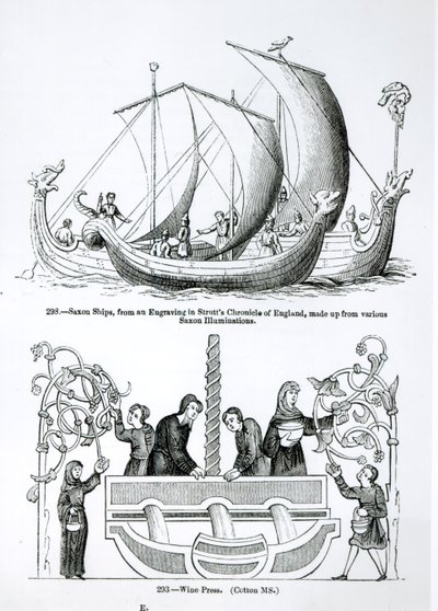 Saxon Ship, fra en gravering i Strutts Chronicle of England og en vinpresse av English School