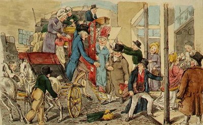 Scene at an Inn Yard, The Arrival of a Coach, ca. 1820 (penn og blekk og akvarell på papir) av English School