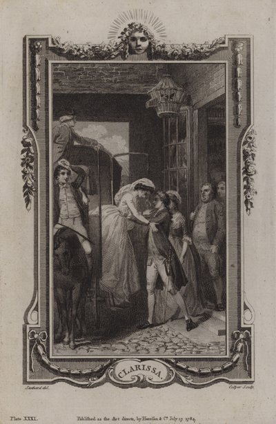 Scene fra Clarissa, av Samuel Richardson av English School