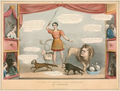 Scene fra Drury Lane Theatre, London; tegnefilm av English School