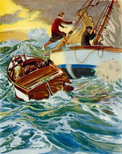 Scene fra Fire ventiler og Sheila: en kvinne som hopper fra en motorbåt til en yacht i røff sjø (fargelitografi) av English School