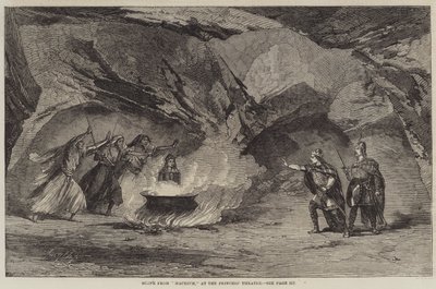 Scene fra "Macbeth," på Princess' Theatre (gravering) av English School
