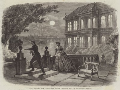 Szene aus Mr. Tom Taylors neuer Komödie "Settling Day" im Olympic Theatre (Stich) von English School