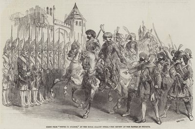 Scene fra "Pietro il Grande," på Royal Italian Opera, anmeldelsen ved slaget ved Pultava (gravering) av English School