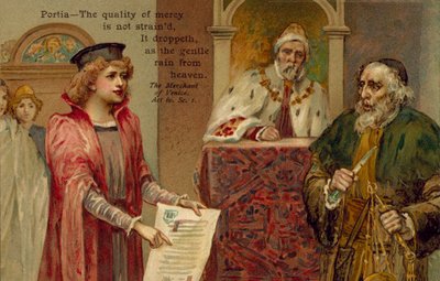 Scene fra Kjøpmannen i Venedig av William Shakespeare (fargelitografi) av English School