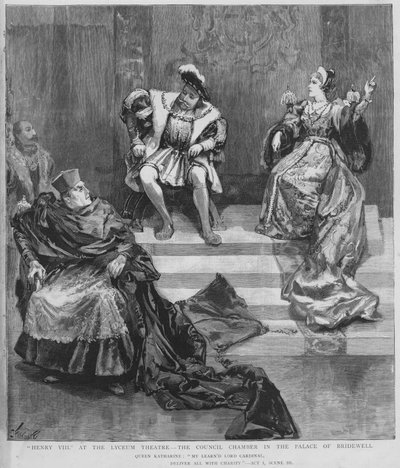 Scene fra en produksjon av Shakespeares Henry VIII på Lyceum Theatre, London (litho) av English School
