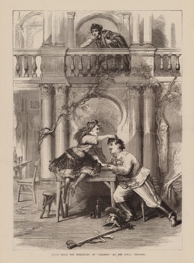 Scene fra burlesken «Carmen» på Folly Theatre (gravering) av English School