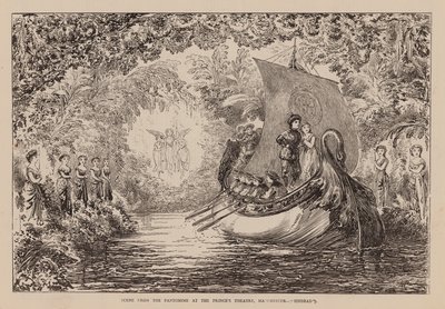Scene fra pantomimen på Prince#39;s Theatre, Manchester, quot;Sindbadquot; (gravering) av English School