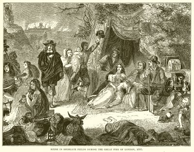 Scene i Highgate Fields under den store brannen i London, 1666 av English School