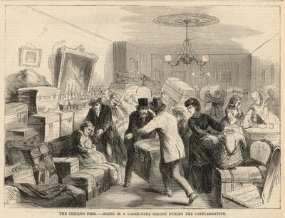 Scene i en lagerølsalong under brannen av English School