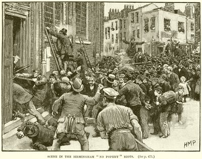 Scene i Birmingham No Popery Riots av English School