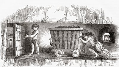 Scene inne i en engelsk kullgruve, tidlig på 1800-tallet (gravering) av English School