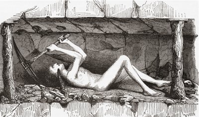 Scene inne i en engelsk kullgruve, tidlig på 1800-tallet (gravering) av English School
