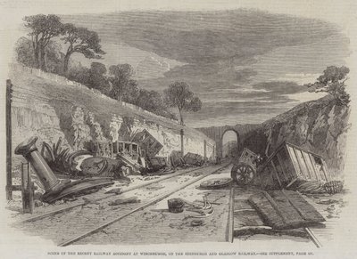 Scene for den nylige jernbaneulykken i Winchburgh, på Edinburgh og Glasgow Railway (gravering) av English School